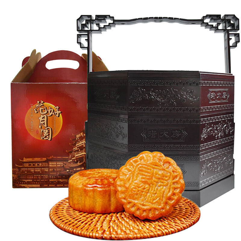 老大房 花好月圆 广式月饼提篮礼盒 12饼5味 1.5kg包装礼盒产品包装创意设计欣赏(图1)