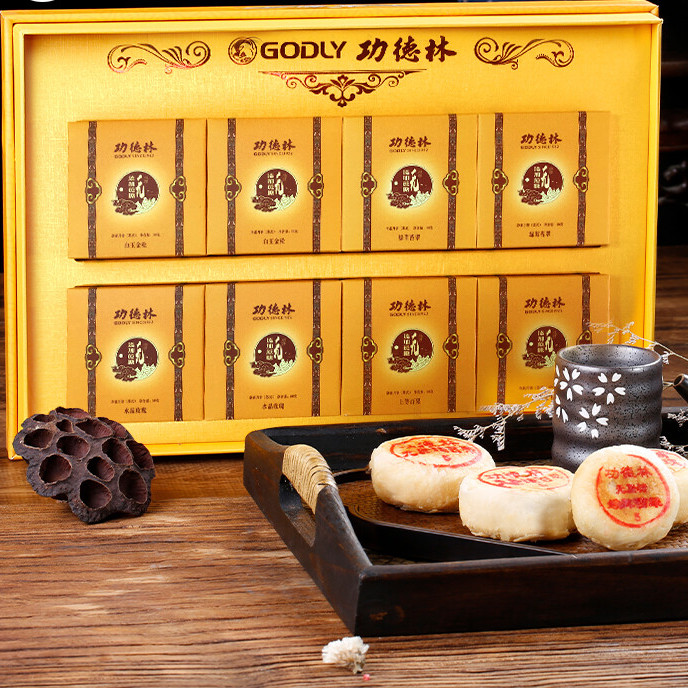 godly 功德林 无添加蔗糖苏式月饼礼盒 8饼4味 400g包装礼盒产品包装创意设计欣赏(图4)